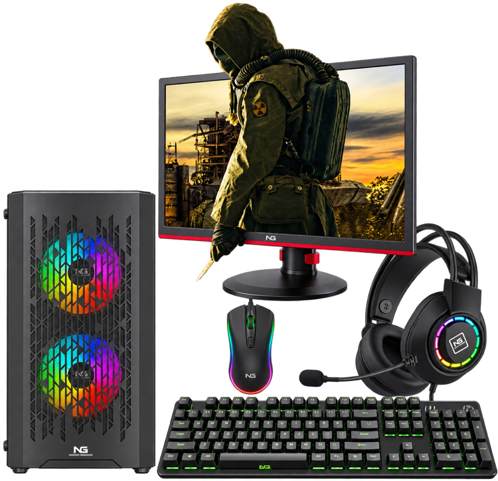 Brugt gamersæt med RGB gamer PC, skærm, headset, tastatur og mus